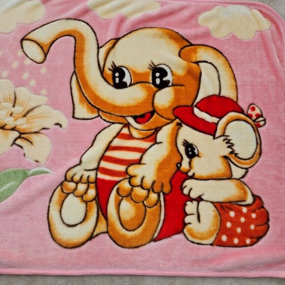 VTG Pink Blanket Elephant Watering Flower Mouse Throw Lap Acrylic Brown Red - Picture 3 of 7